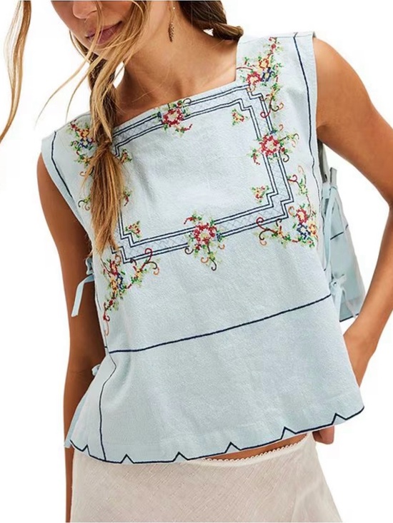 Free People Tops - Free People Light Blue Embroidered Square-Neck Tie-Side Tank